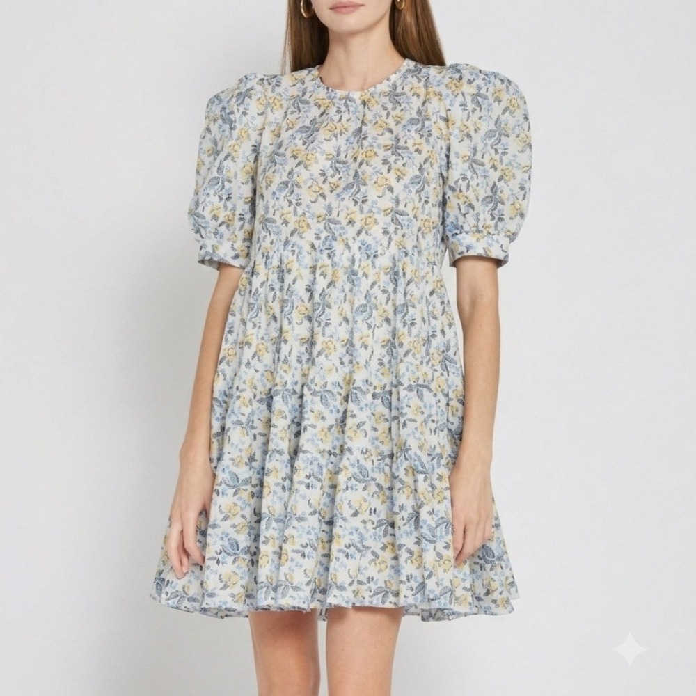 EN SAISON Melissa Floral Mini Dress White Multi Women Size Small Puff Sleeves